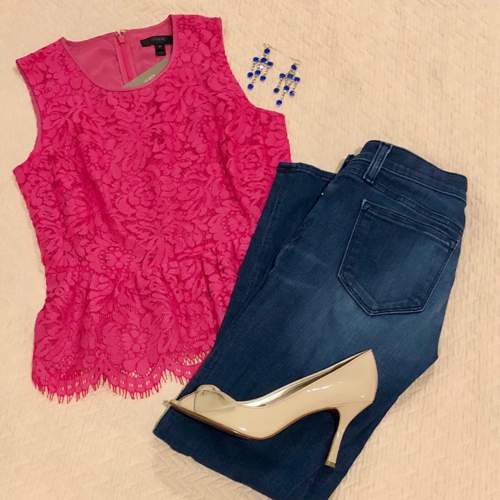 BNWT J. Crew Bright Pink Lace Peplum Top Size 0P